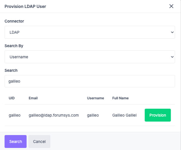 Bouton de provisionnement LDAP User