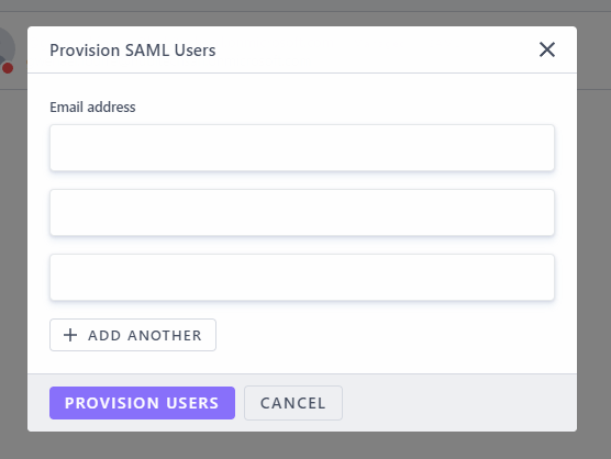 Popup d'ajout d'utilisateurs SAML par e-mail