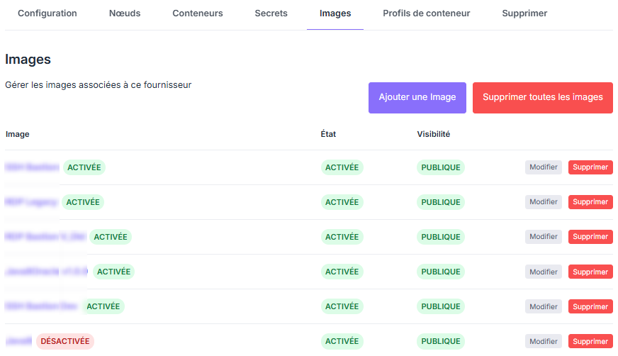 Liste et gestion des images disponibles