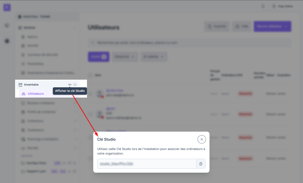 Affichage de la Studio Key dans l'interface de l'organisation