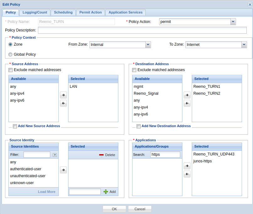 Règle Juniper vers TURN (UDP/443)