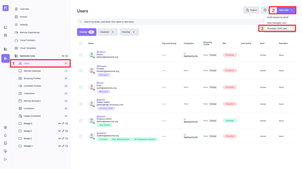 Bouton New User > Provision LDAP User