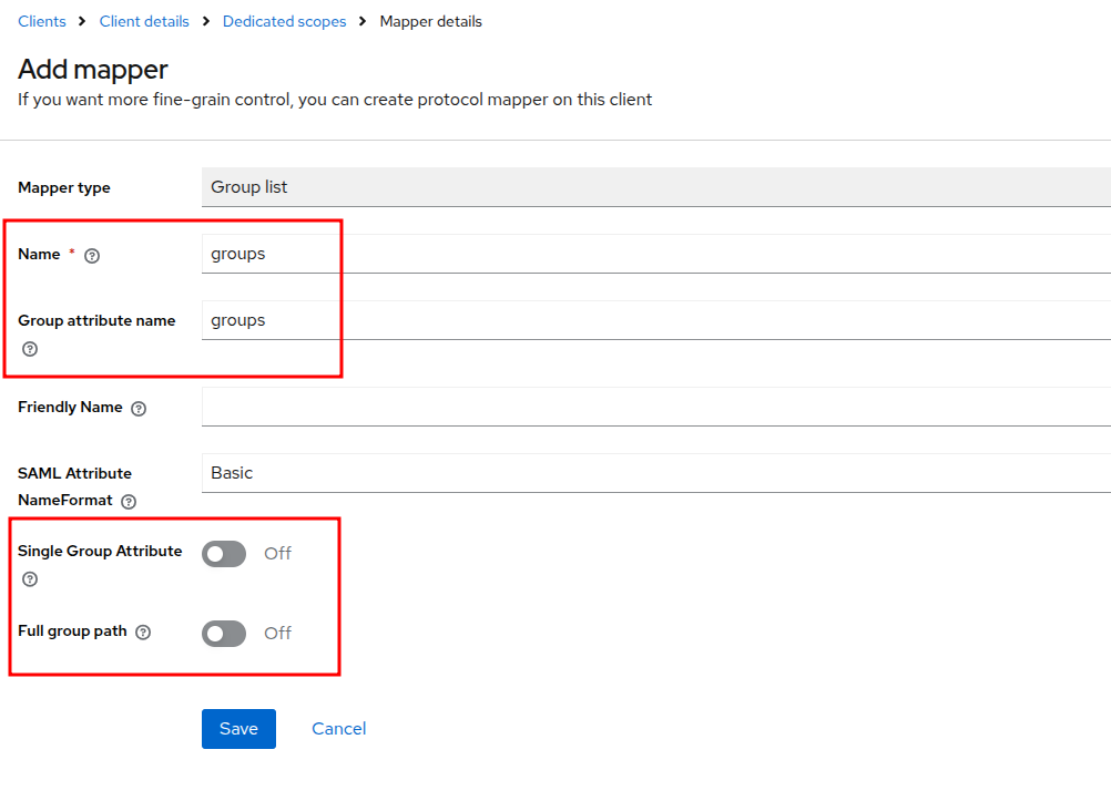 Formulaire de configuration du mapper Group list dans Keycloak