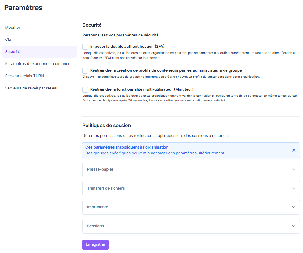 Page des paramètres de sécurité de l’organisation