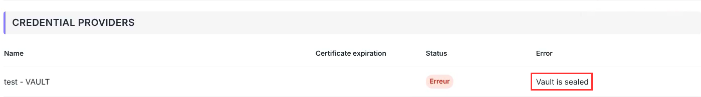 Coffre Vault en état KO sur la page État des services