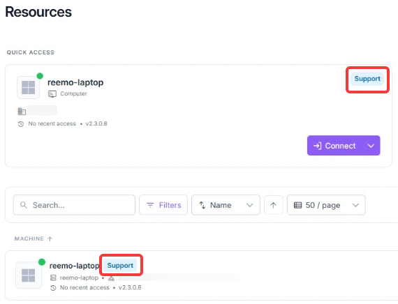 Badge Support à côté du nom d'une ressource