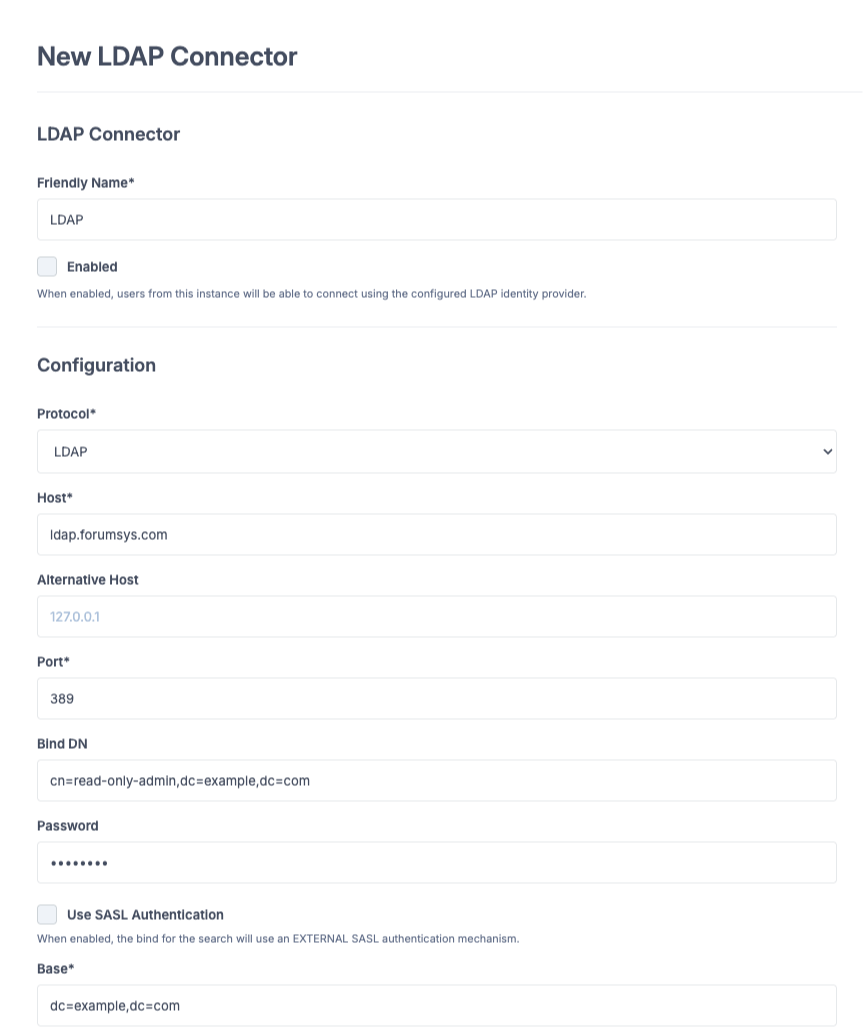 Formulaire de création du connecteur LDAP