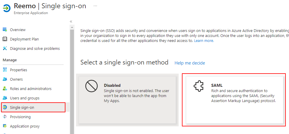 Sélectionner SAML comme méthode de Single Sign-On