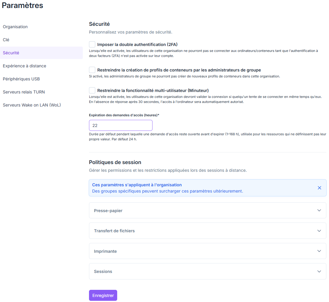 Page des paramètres de sécurité de l’organisation