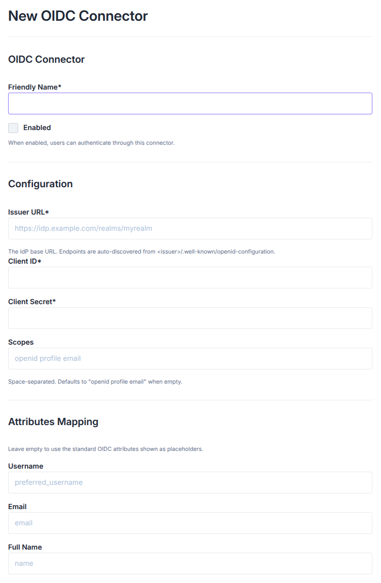 OIDC connector creation form