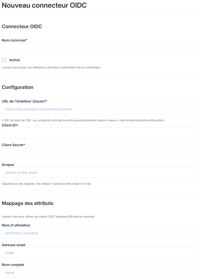 Formulaire de création du connecteur OIDC