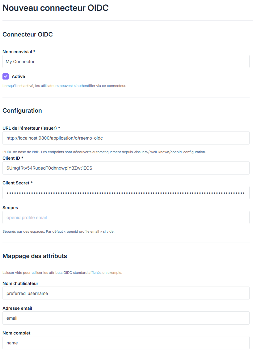 Compléter le connecteur OIDC dans Reemo