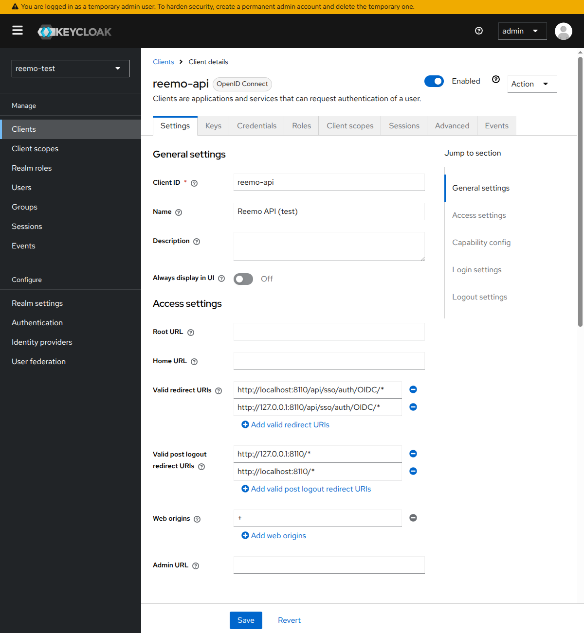Keycloak OIDC client settings