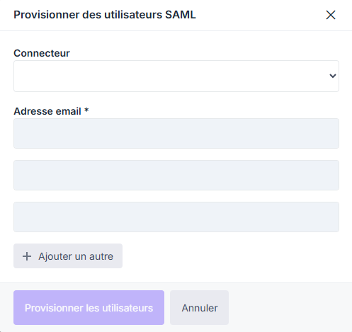Popup d’ajout d’utilisateurs SAML par e-mail