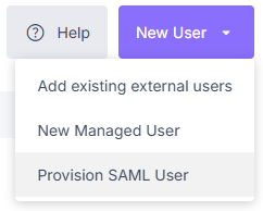 New User menu with the Provision SAML User option