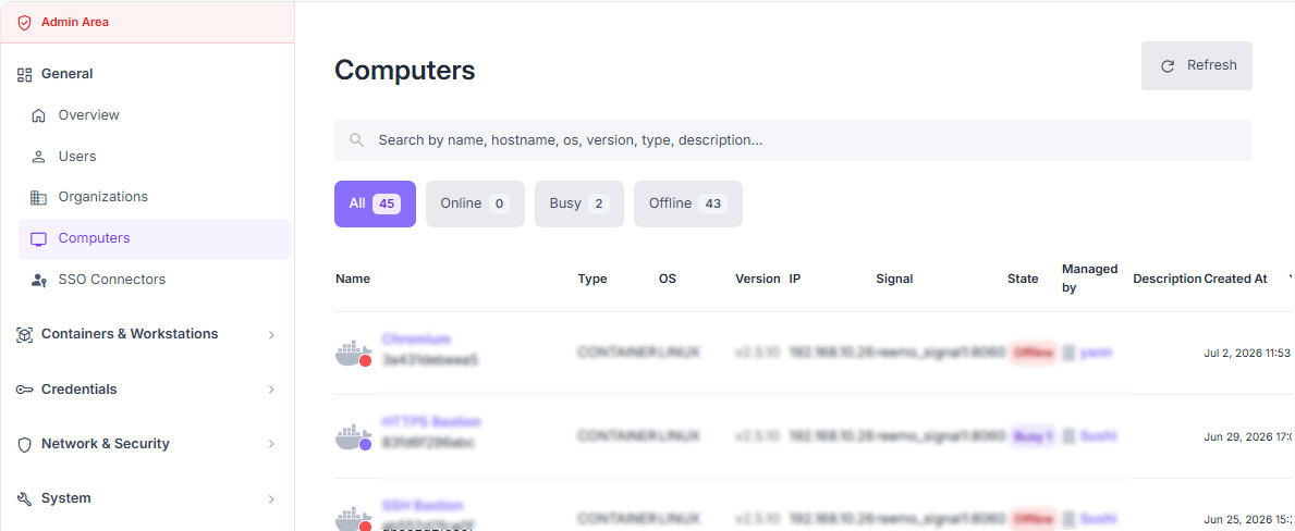 Overview of computers registered on the platform