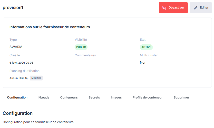 Onglets du profil d'un fournisseur de conteneurs
