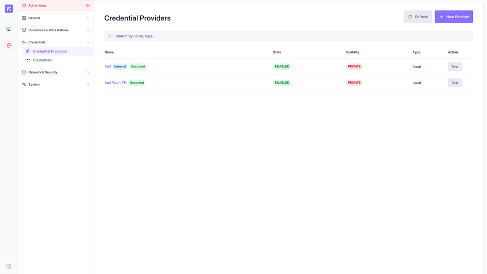 Credential providers list