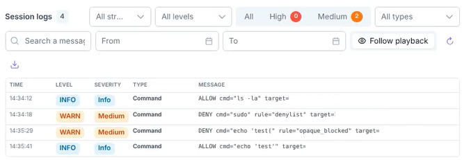 Session logs panel with its filters