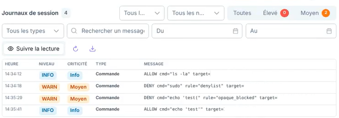 Panneau des journaux de session avec ses filtres