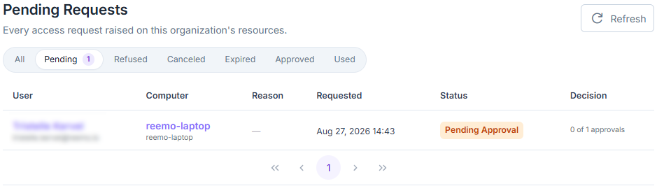 Access Requests page, with status filter chips above the table