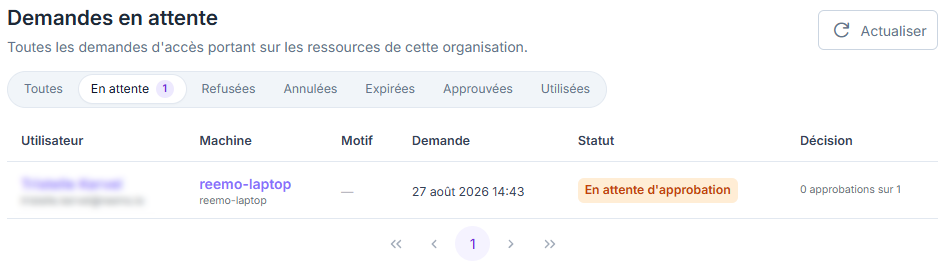 Page Demandes d'accès, avec les chips de filtre par statut au-dessus du tableau