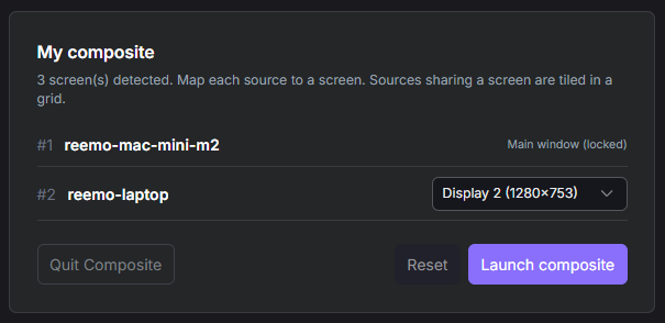 Composite launch dialog mapping sources to local displays