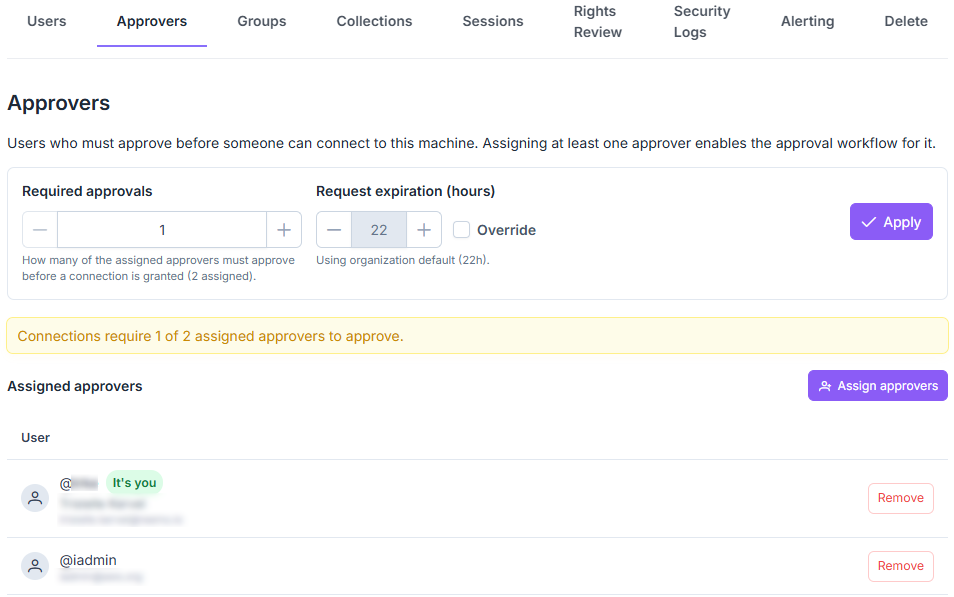 Approvers tab on a computer profile