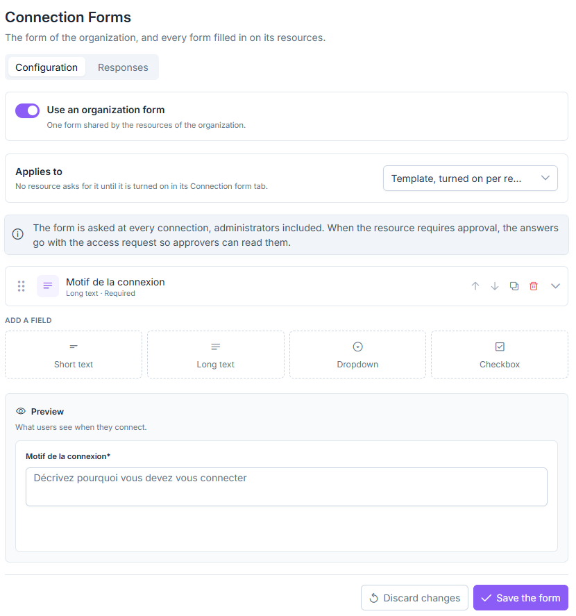 Configuration tab of the Connection Forms page, with the organization form and its preview