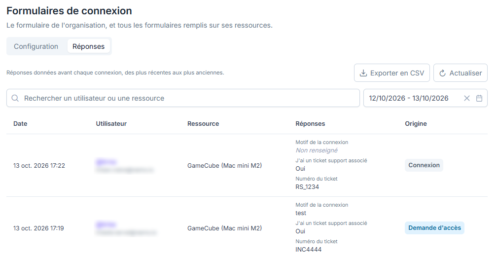 Onglet Réponses, avec la recherche, le filtre de période et le tableau des réponses