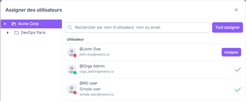 Fenêtre d'assignation d'utilisateurs à un profil de conteneur