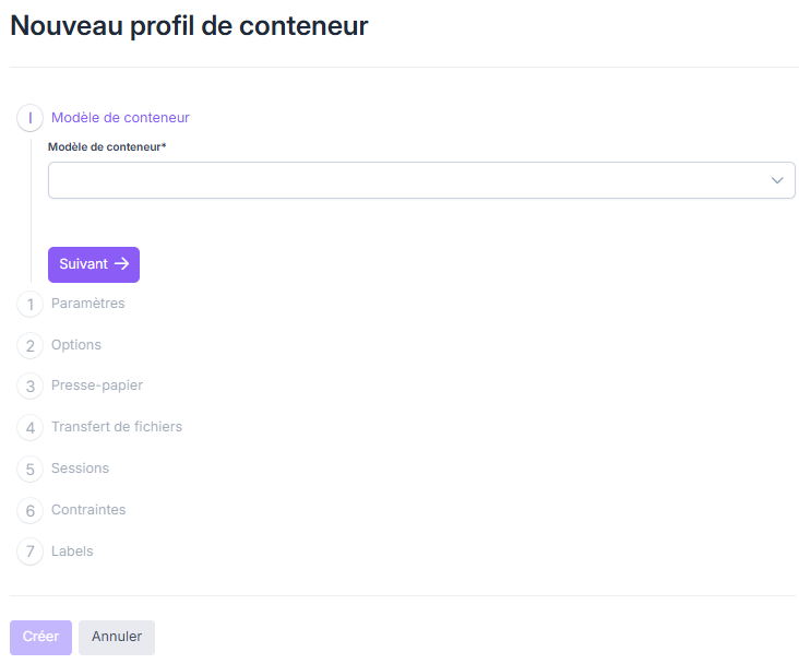 Écran de création d'un profil de conteneur