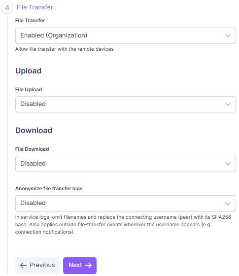 File transfer configuration in a container profile