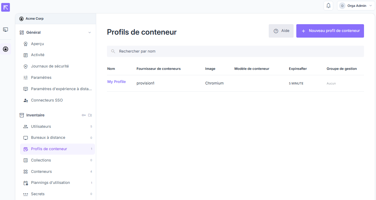 Vue d'ensemble des profils de conteneurs disponibles