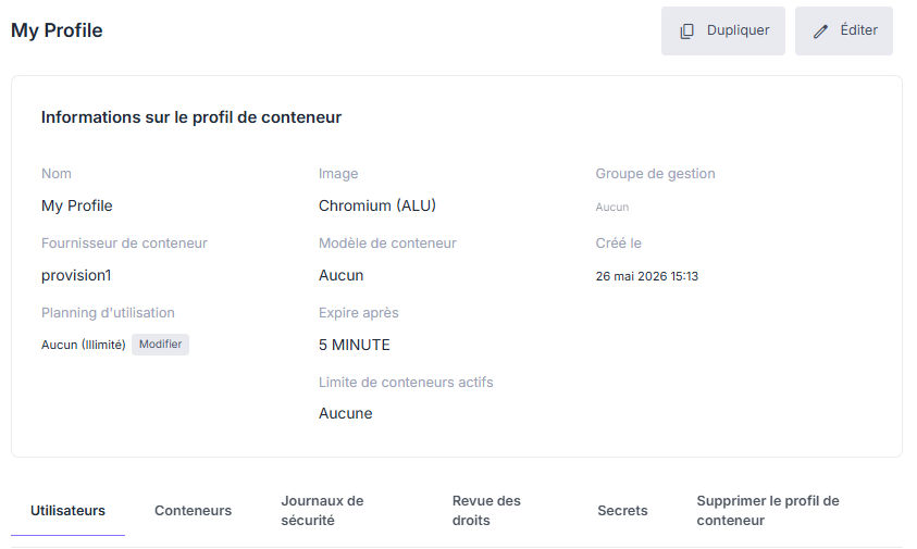 Fiche d'un profil de conteneur