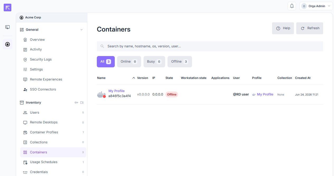 Overview of active or stopped containers