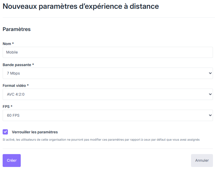 Formulaire de création de paramètres d’expérience à distance