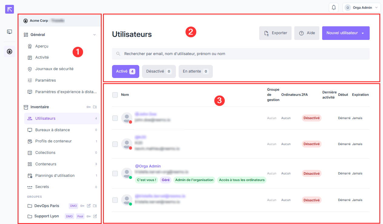 Aperçu de l'interface de gestion de l'organisation
