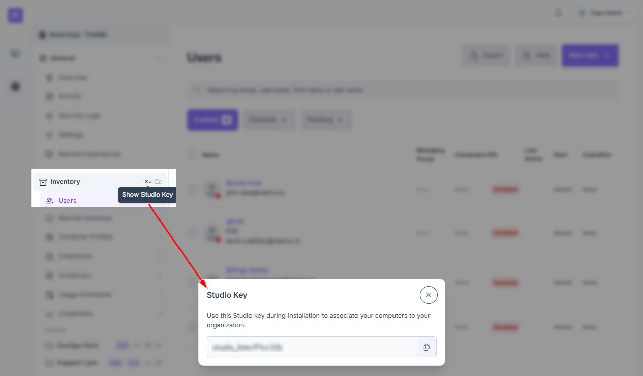 Displaying the Studio Key in the organization interface