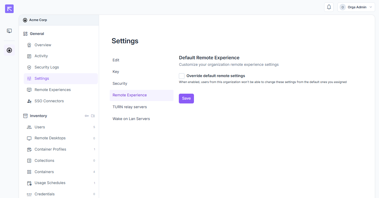 Default remote experience settings