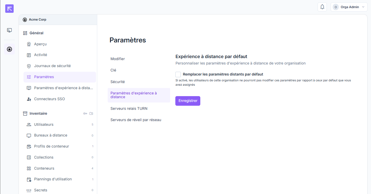 Paramètres d'expérience à distance par défaut