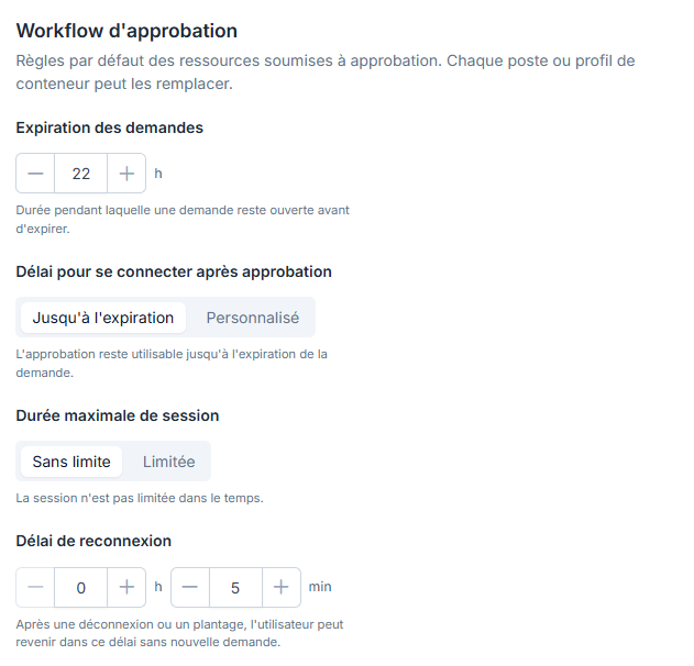 Bloc Workflow d’approbation des paramètres de sécurité