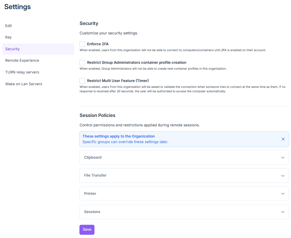 Organization security settings page