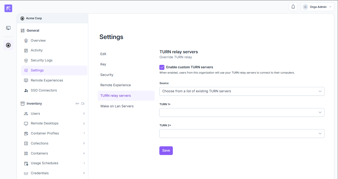 Custom TURN server configuration