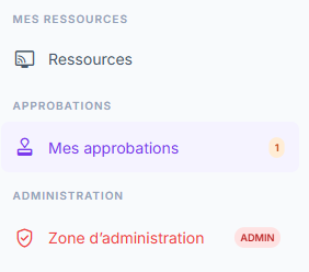Section Approbations de la barre latérale, avec Mes approbations et son badge de demandes en attente