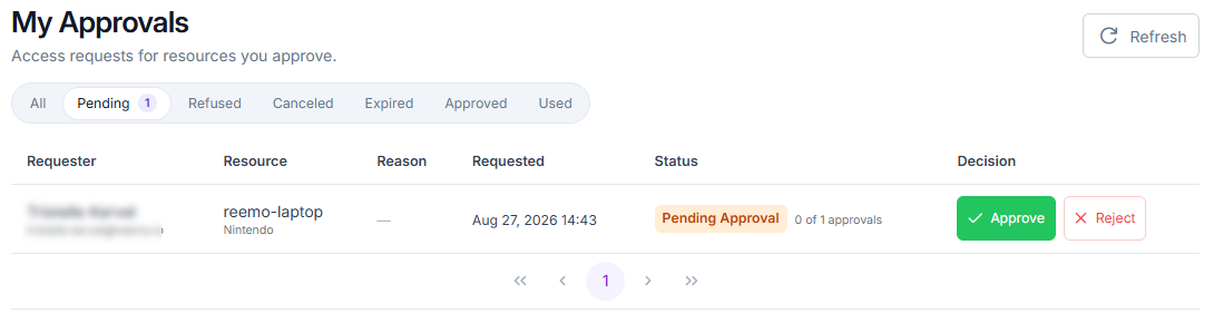 My Approvals page, with status filter chips above the table