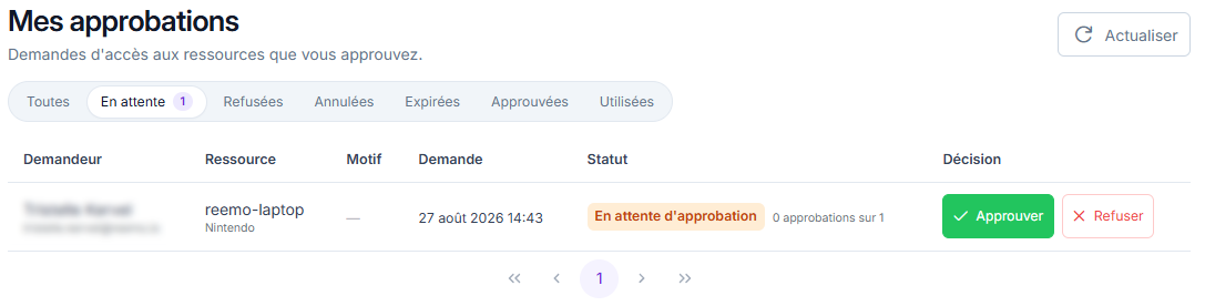 Page Mes approbations, avec les chips de filtre par statut au-dessus du tableau