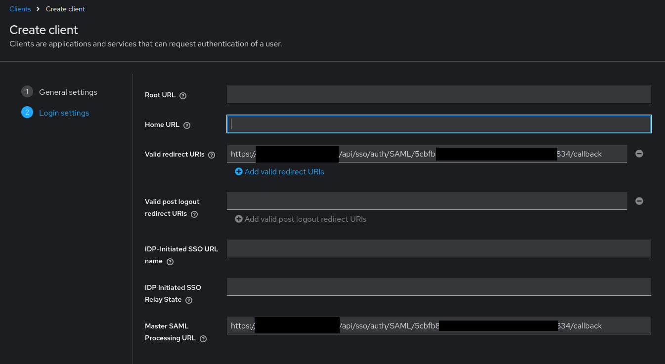 Paramètres du client SAML Keycloak